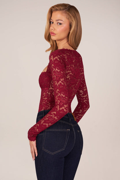 Long-Sleeve Laced Bodysuit in Wine