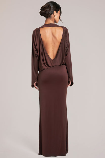 Long-Sleeve Draped Maxi Dress in Chocolate Brown