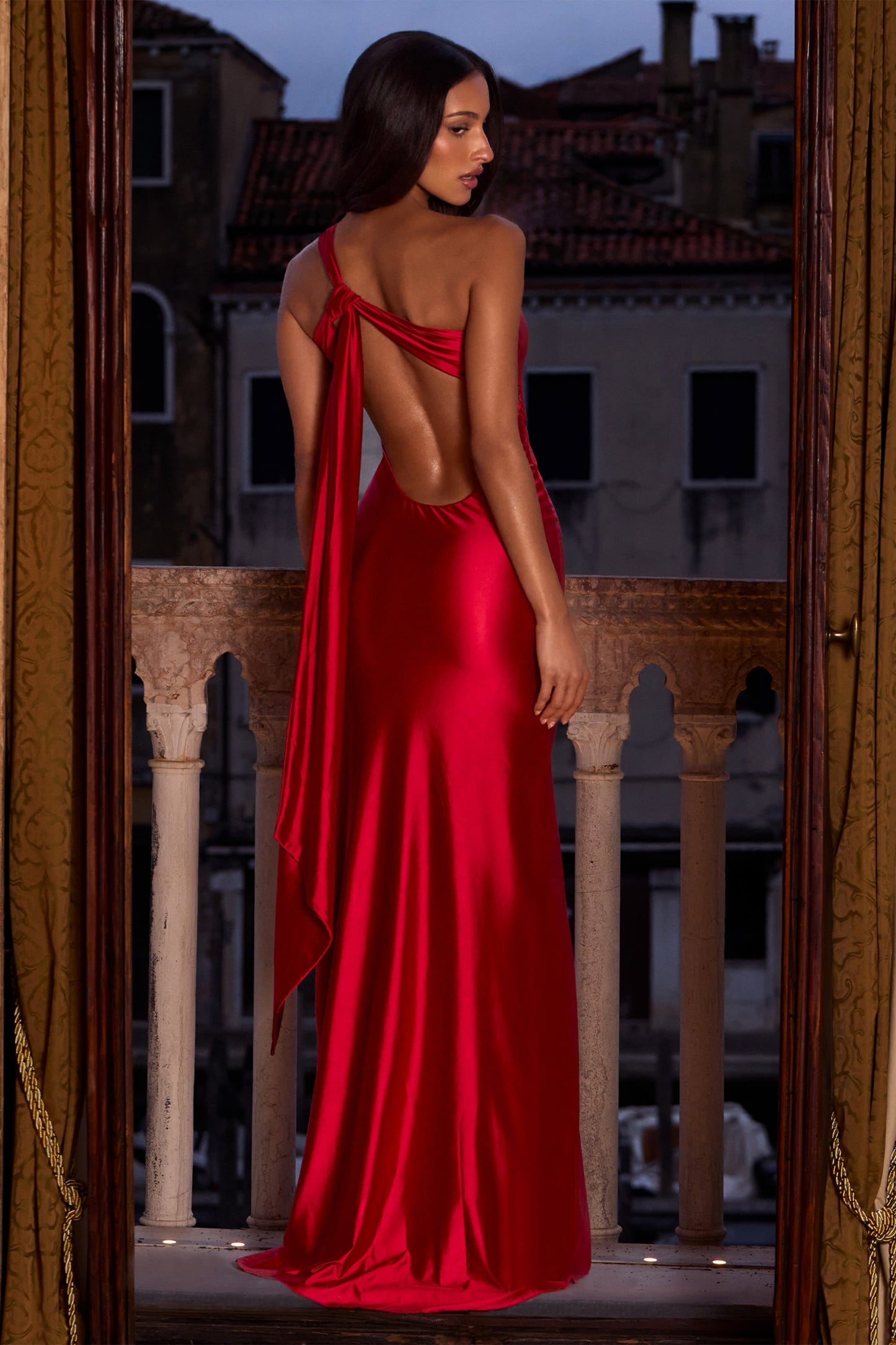 Asymmetric Tie-Back Gown in Cherry