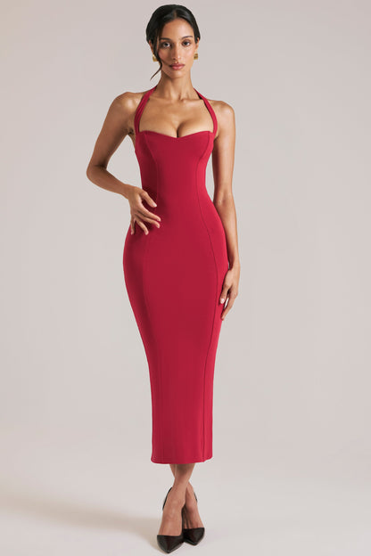 Halterneck Midaxi Dress in Cherry Red