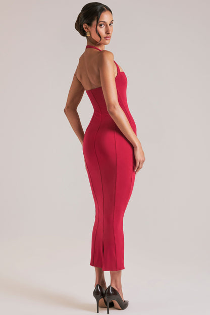 Halterneck Midaxi Dress in Cherry Red