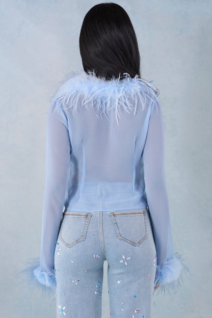 Feather Trim Sheer Top in Soft Blue