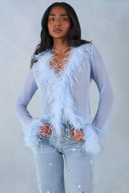 Feather Trim Sheer Top in Soft Blue