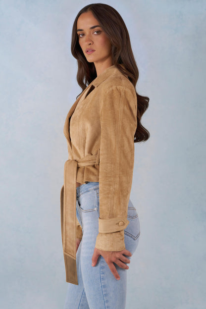 Faux Suede Cropped Belted Jacket in Tan