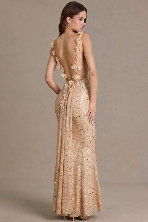 Embellished Open-Back Maxi Dress in Gold