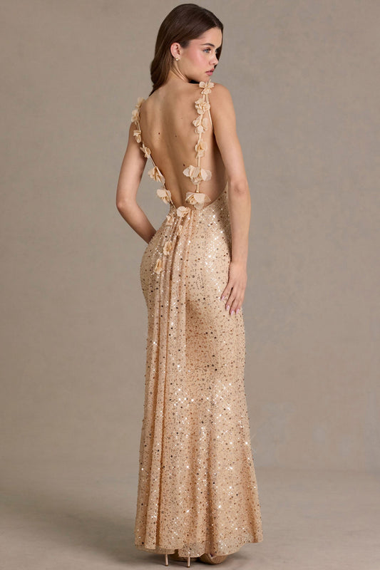 Embellished Open-Back Maxi Dress in Gold