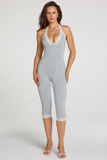Modal Lace-Trim Capri Jumpsuit in Grey Marl