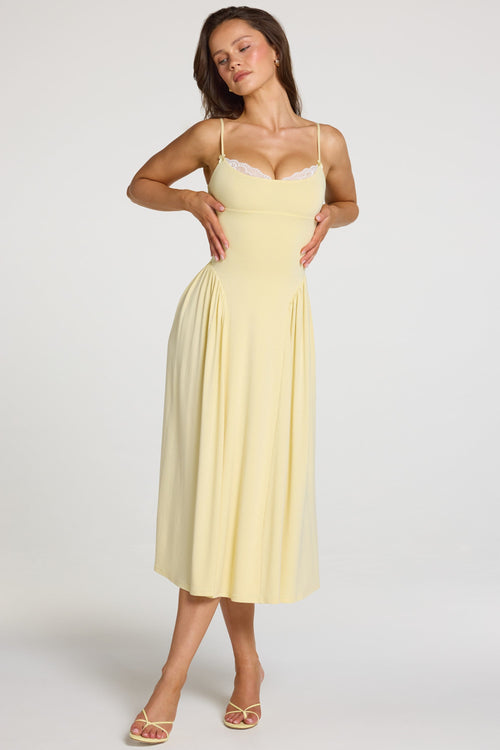 Modal Lace-Trim Midaxi Dress in Pastel Yellow