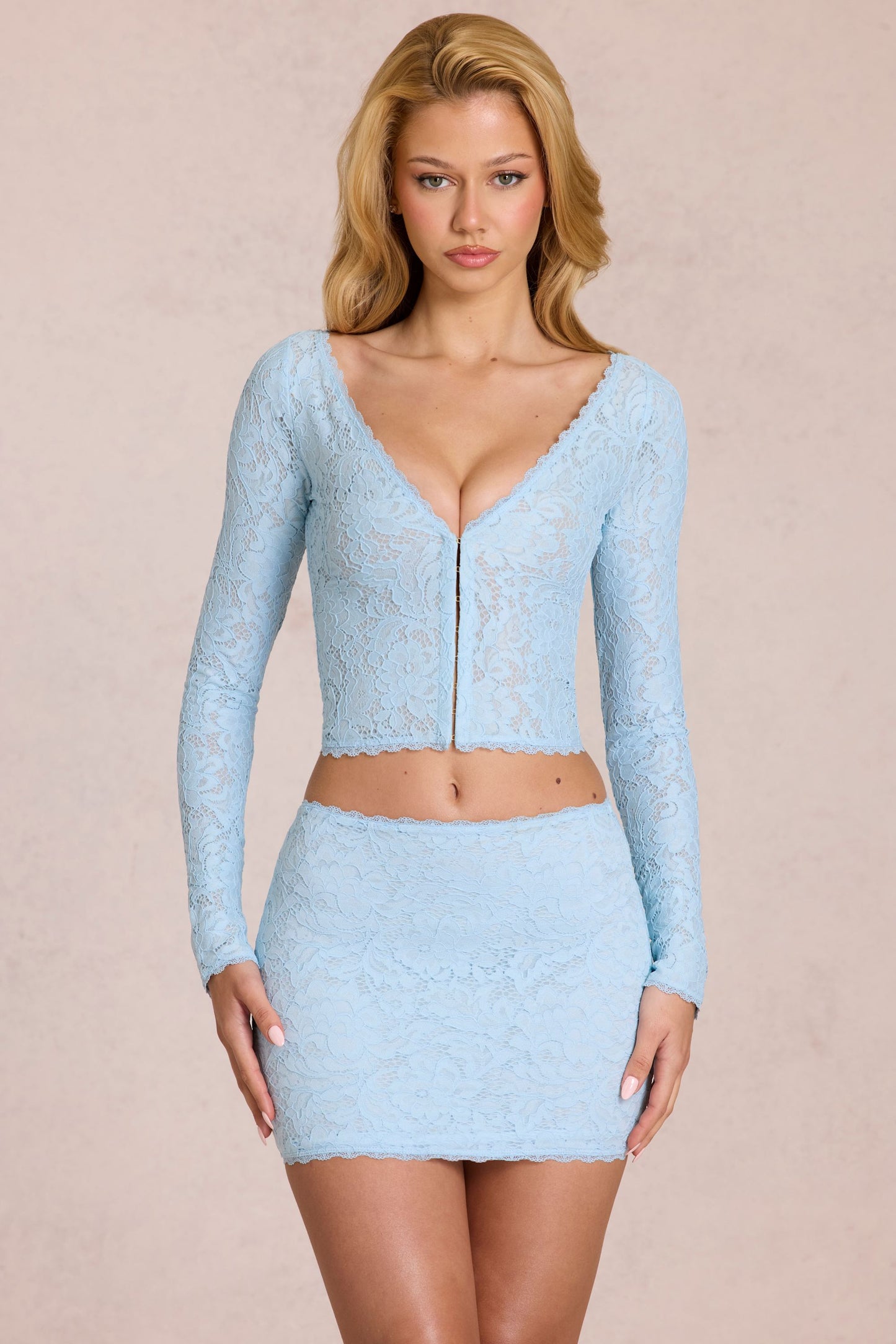 Lace Plunge Cardigan  in Powder Blue