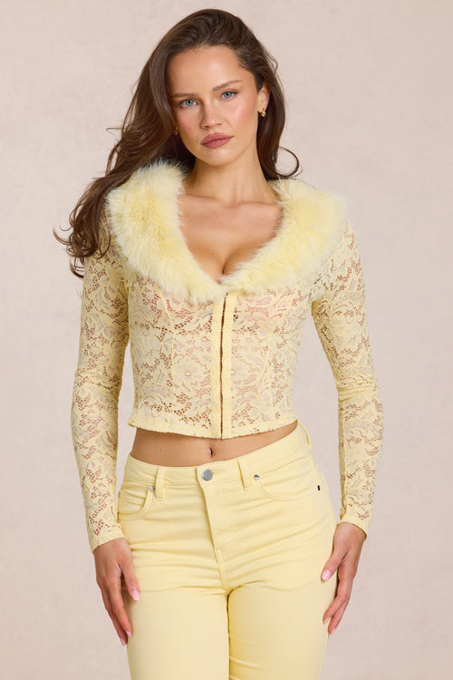 Lace Faux-Fur-Trim Cardigan in Lemon Yellow