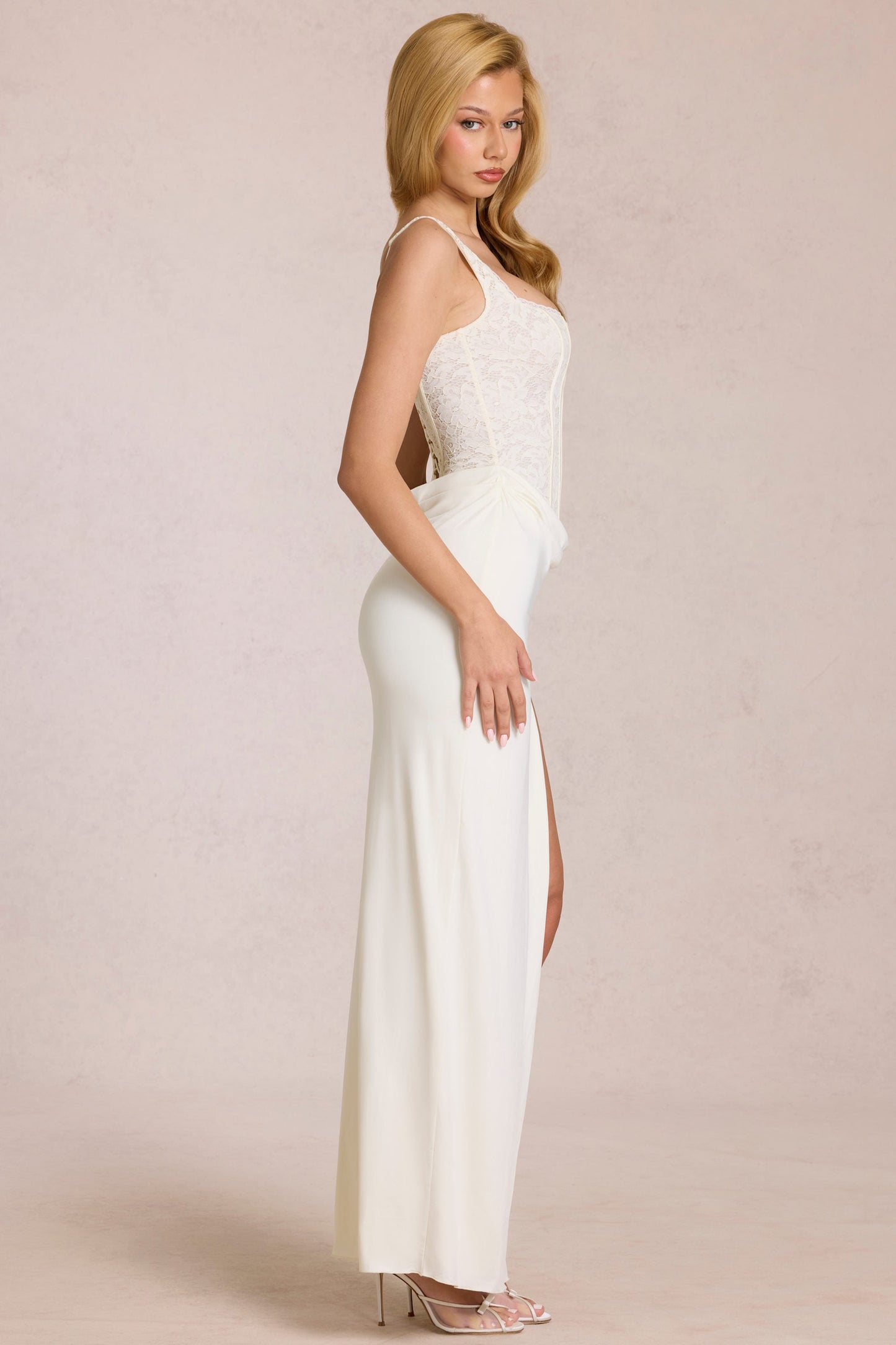 Lace Corset Maxi Dress in Pearl