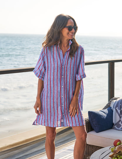 ROSEMARY Blue and Red Textured Stripe, Italian Classic Linen