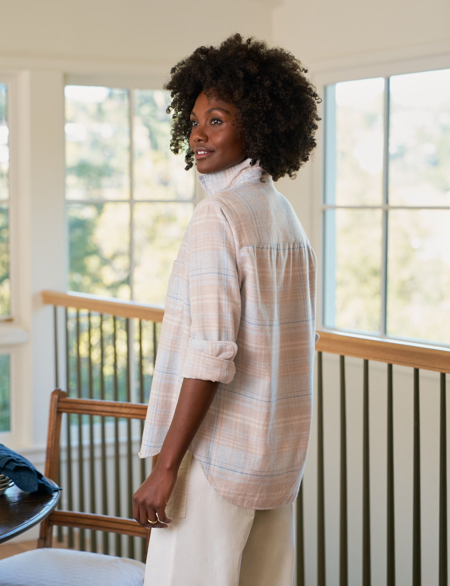EILEEN Sand and Blue Plaid, Italian Flannel