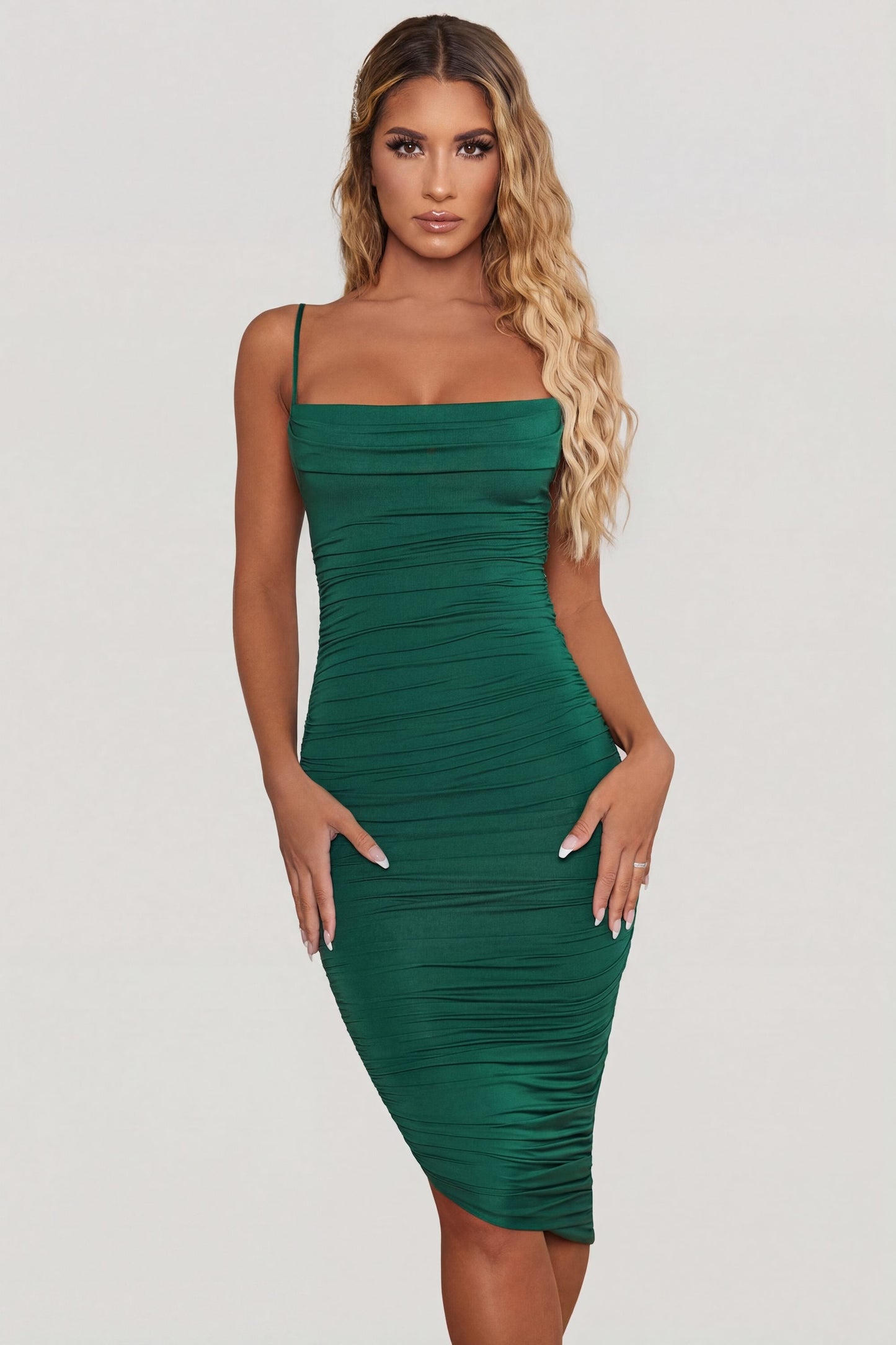 Cowl Neck Ruched Bodycon Midi Dress in Green