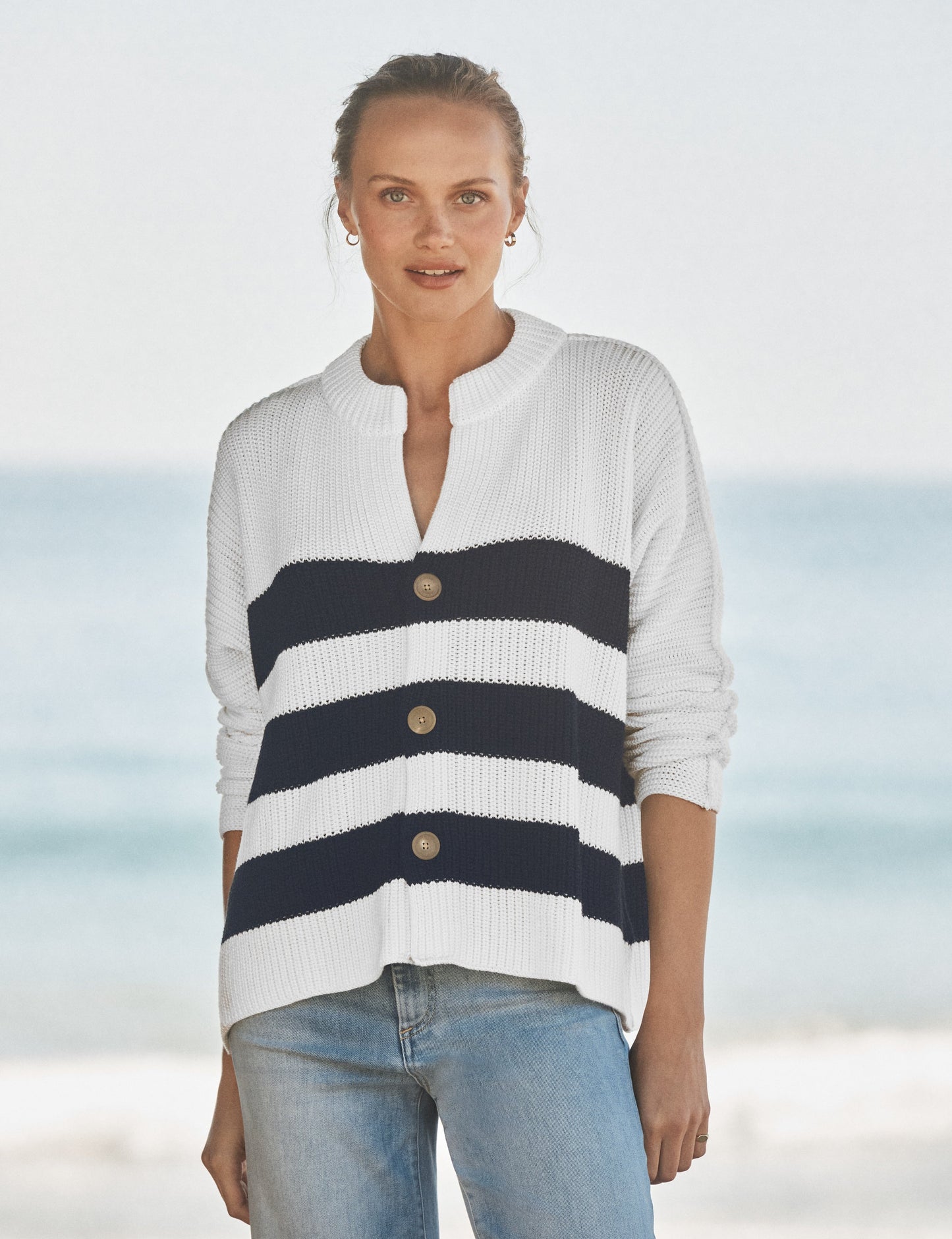 MONTECITO CARDIGAN White and Navy Stripe, Pure Italian Cotton