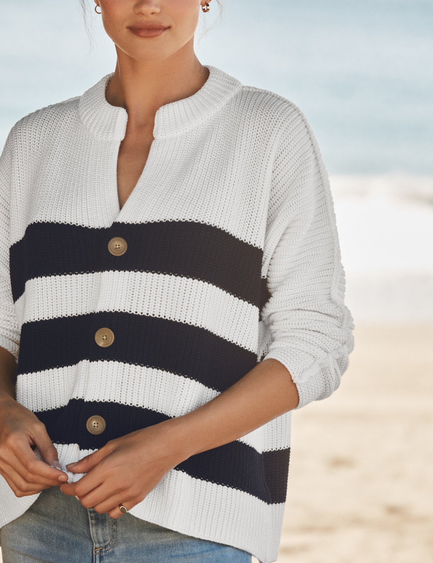 MONTECITO CARDIGAN White and Navy Stripe, Pure Italian Cotton