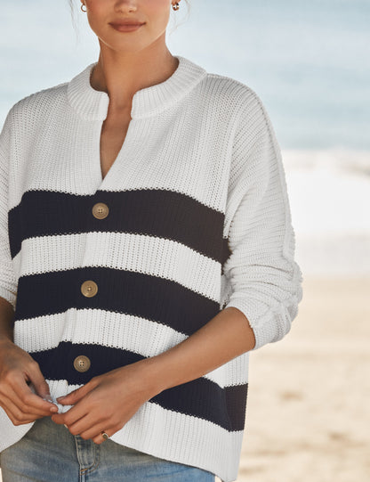 MONTECITO CARDIGAN White and Navy Stripe, Pure Italian Cotton