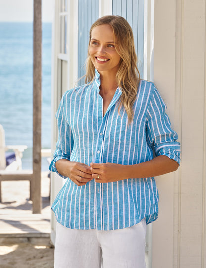 EILEEN Turquoise and White Stripe, Italian Classic Linen