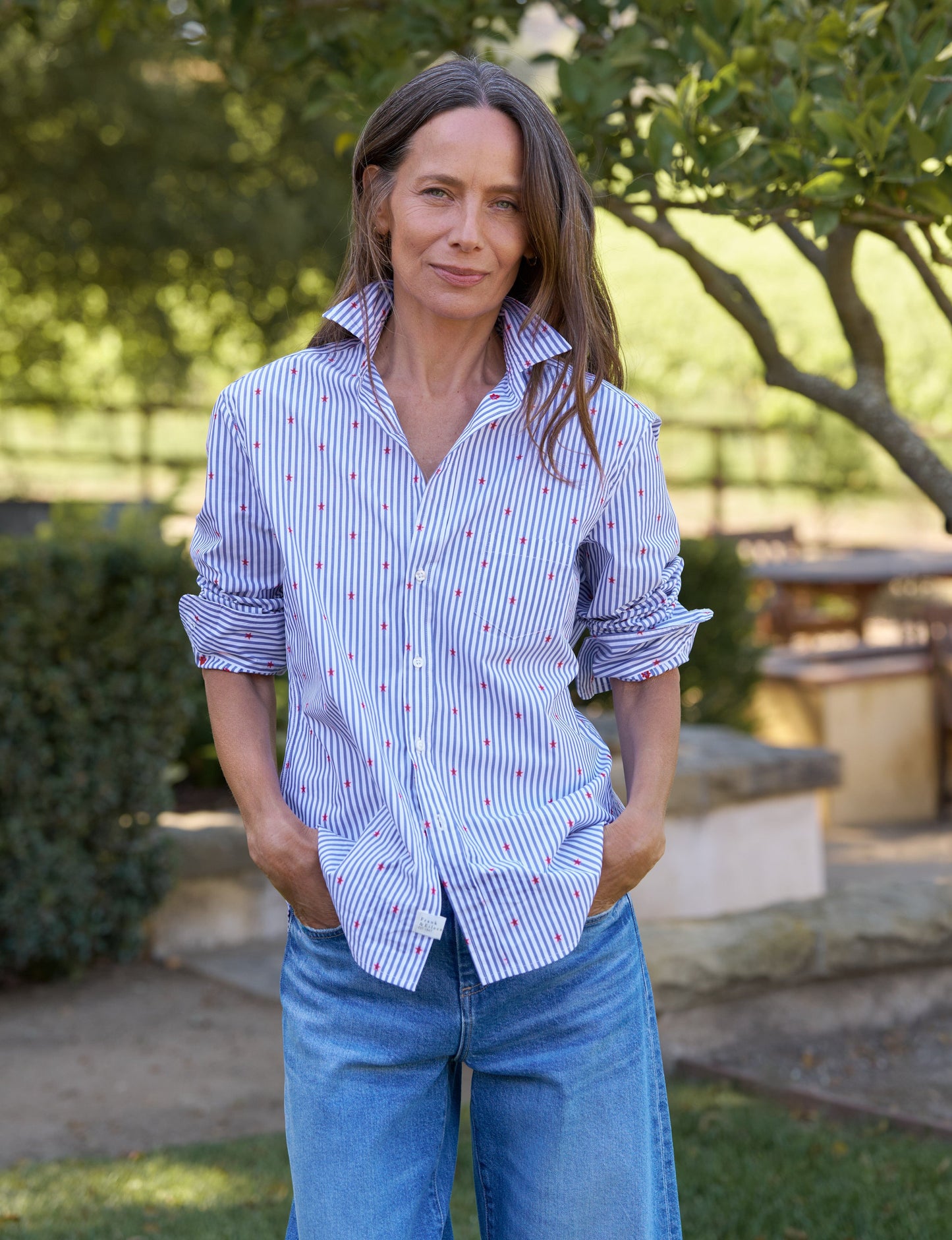 EILEEN Blue Stripe with Red Stars, Italian Cotton