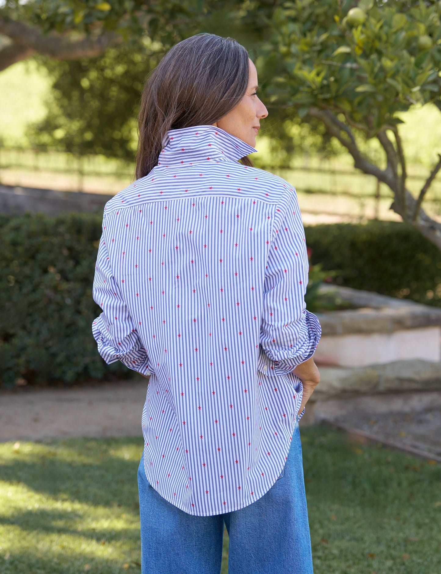 EILEEN Blue Stripe with Red Stars, Italian Cotton