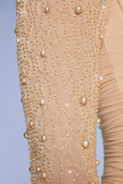 Embellished Long Sleeve Mini Dress in Sand