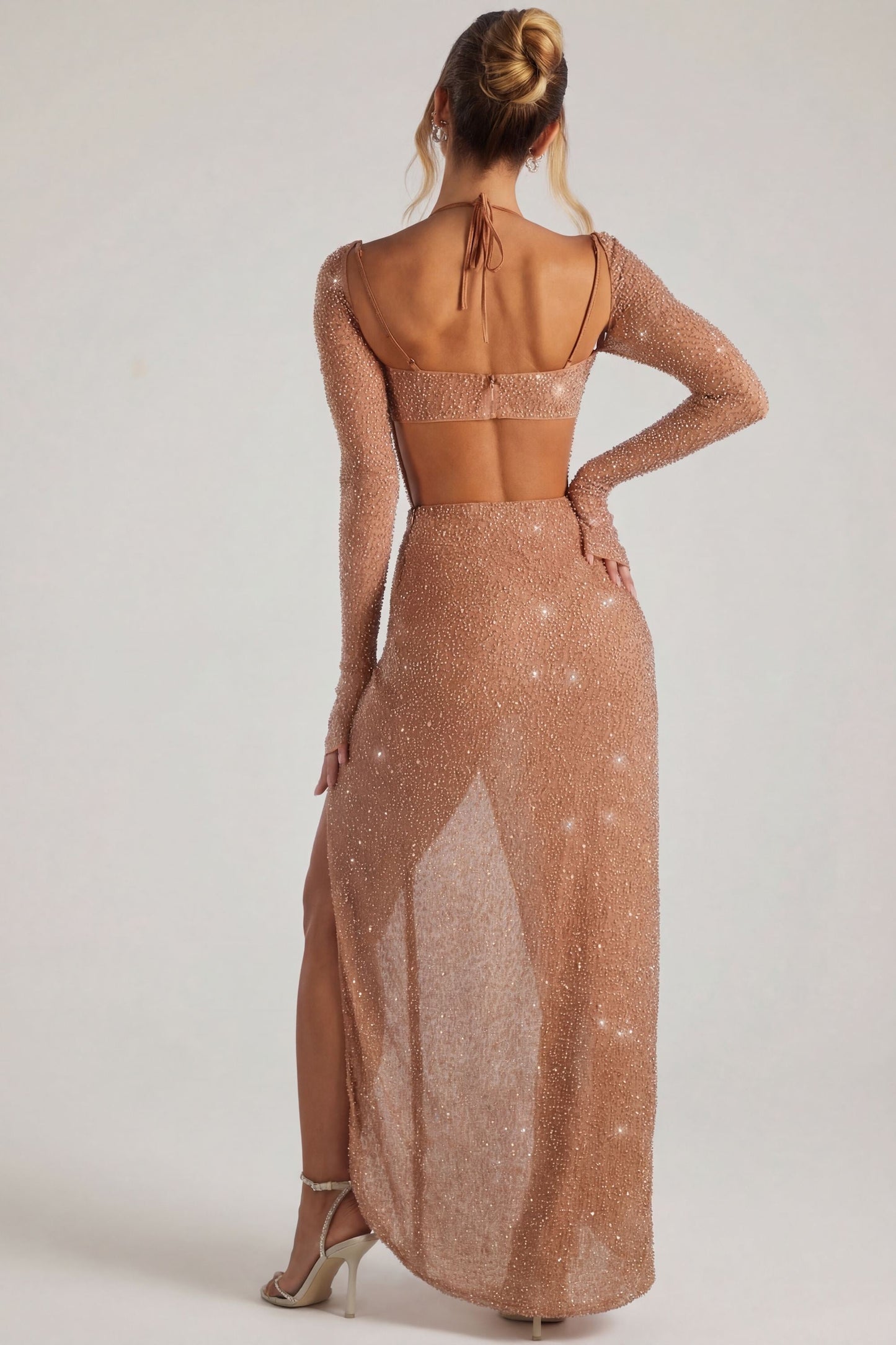 Embellished Cowl Neck Maxi Dress in Latte
