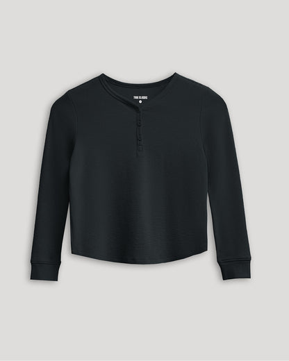 Girls Black Long Sleeve Boxy Waffle Henley