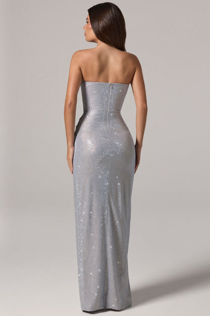 Embellished Bandeau Cowl-Waist Maxi Dress in Frost