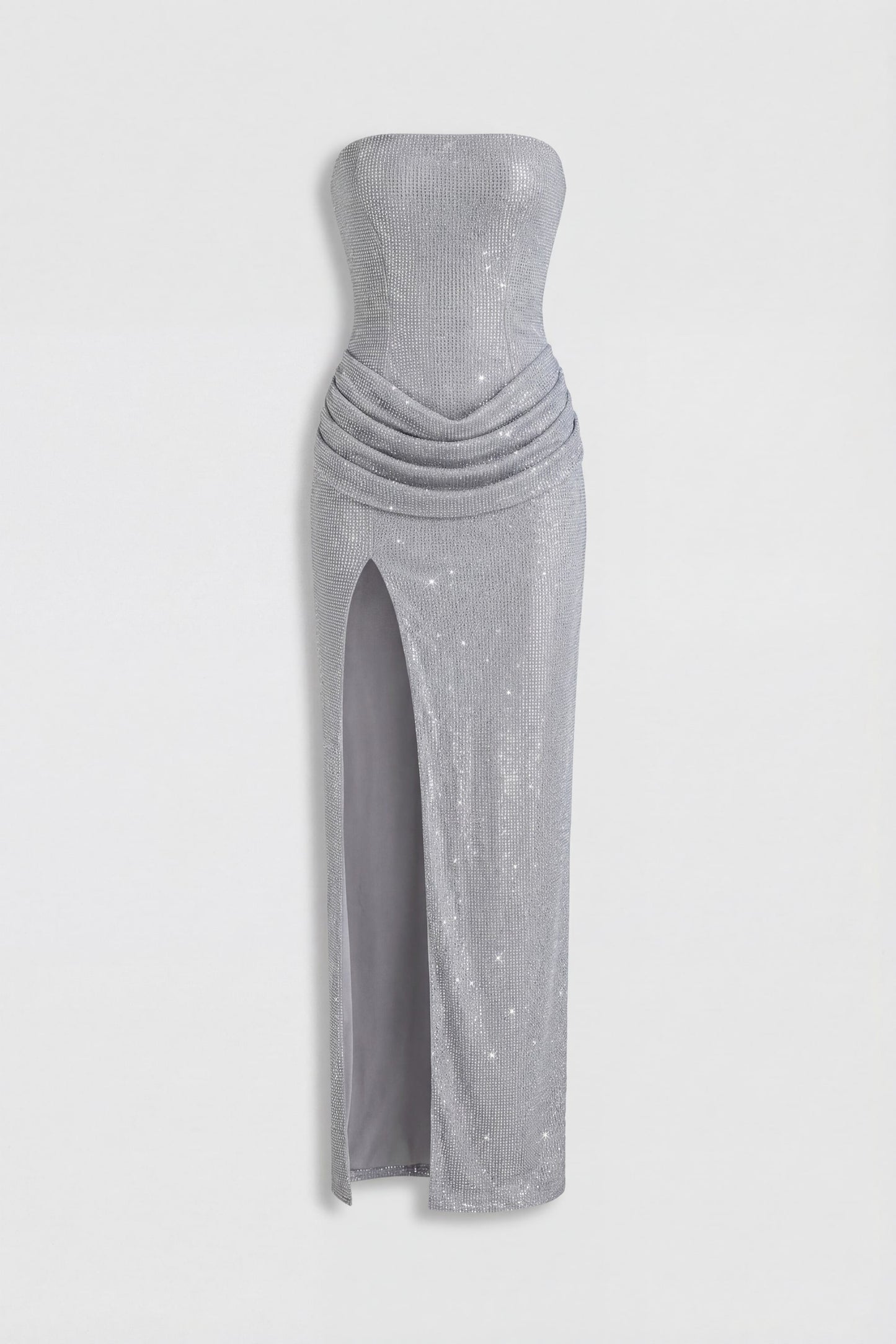 Embellished Bandeau Cowl-Waist Maxi Dress in Frost