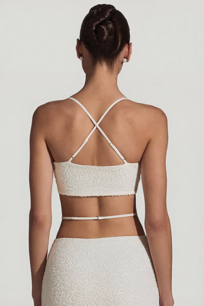 Embellished Cross Back Crop Top in White