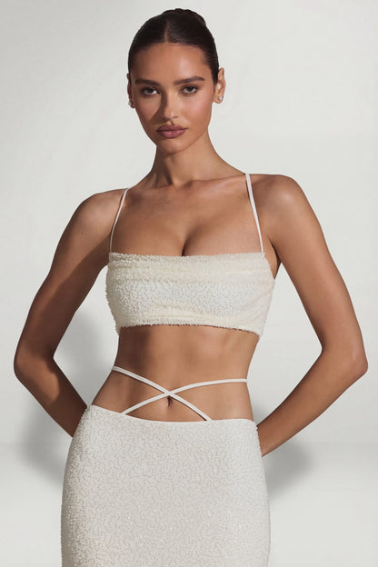 Embellished Cross Back Crop Top in White
