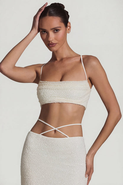Embellished Cross Back Crop Top in White