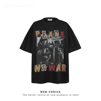 American vintage street T-shirt retro character print men's summer loose half sleeve