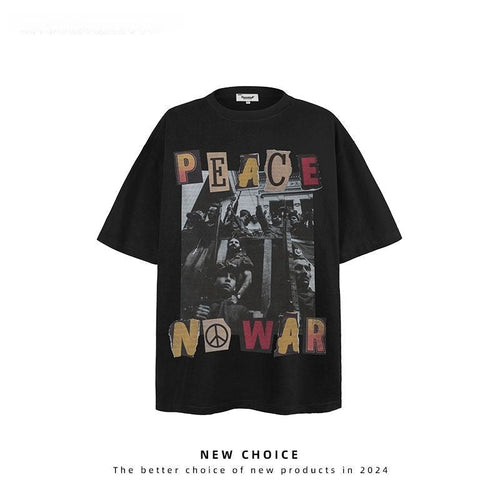 American vintage street T-shirt retro character print men's summer loose half sleeve