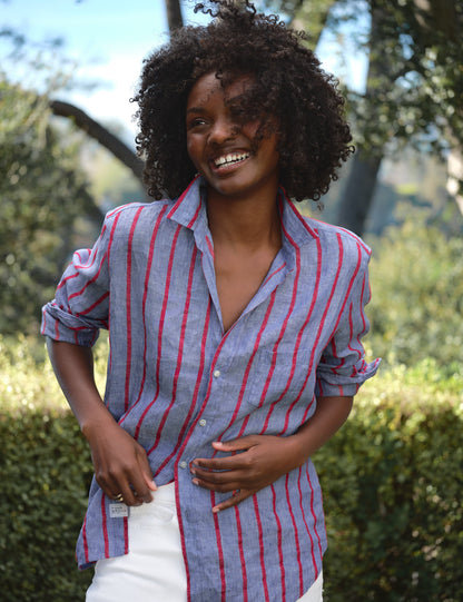 EILEEN Blue and Red Textured Stripe, Italian Classic Linen