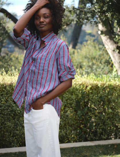 EILEEN Blue and Red Textured Stripe, Italian Classic Linen