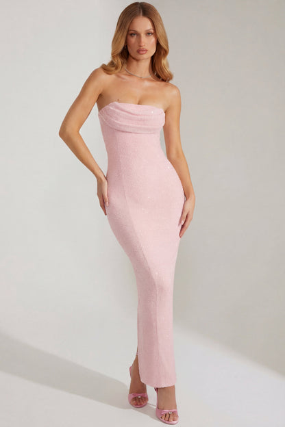 Embellished Bandeau Cowl Neck Maxi Dress in Blush