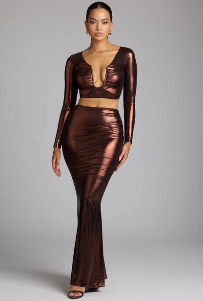 Mid Rise Metallic Jersey Maxi Skirt in Copper Bronze