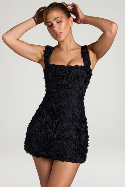 Floral-Appliqué Square-Neck Corset Mini Dress in Black