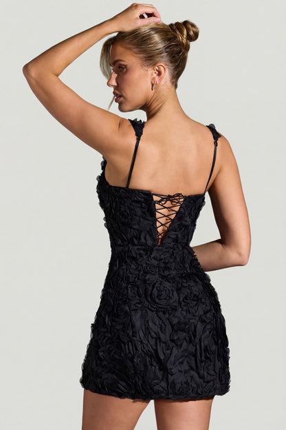 Floral-Appliqué Square-Neck Corset Mini Dress in Black