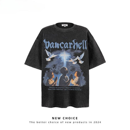 American vintage street T-shirt retro character print men's loose top