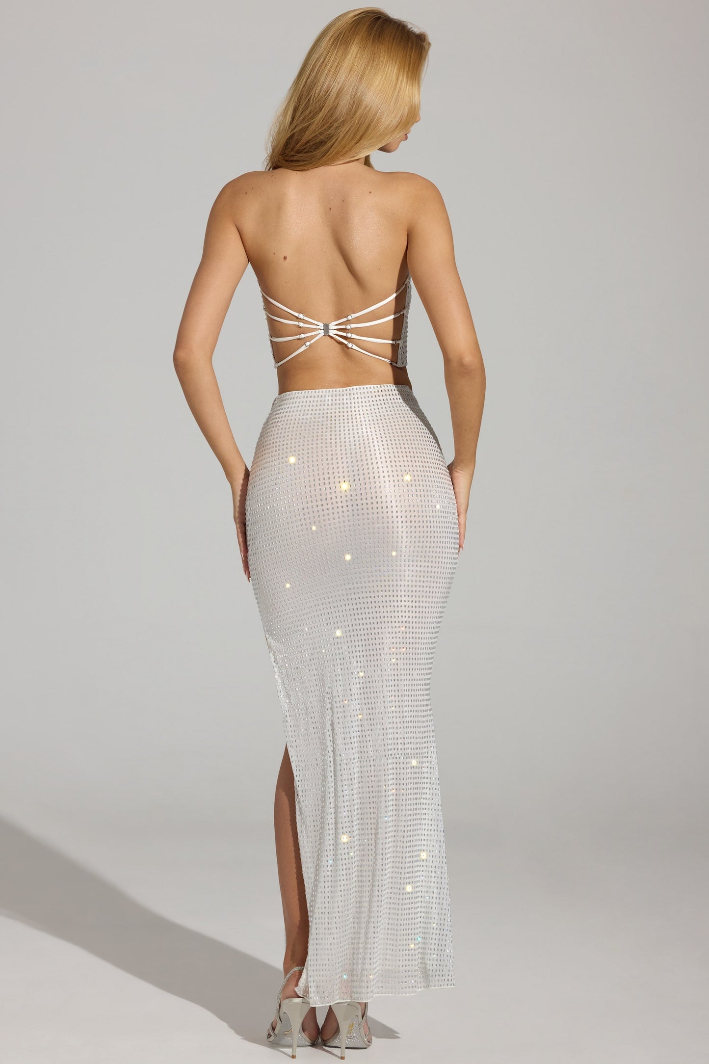 Embellished V-Waist Thigh-Split Maxi Skirt in White
