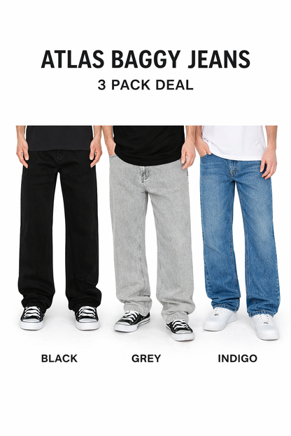 VICTORIOUS ATLAS 13oz Heritage Baggy Denim – 3 Pack Bundle (Indigo / Black / Grey)
