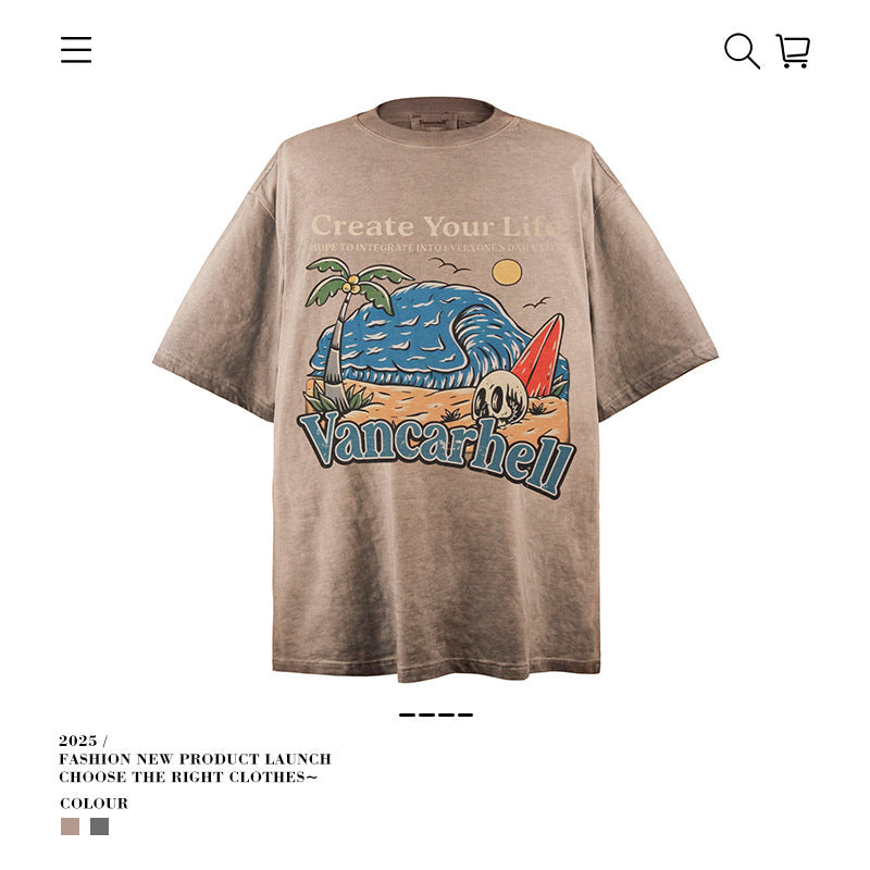 American vintage street T-shirt retro men's loose half sleeve
