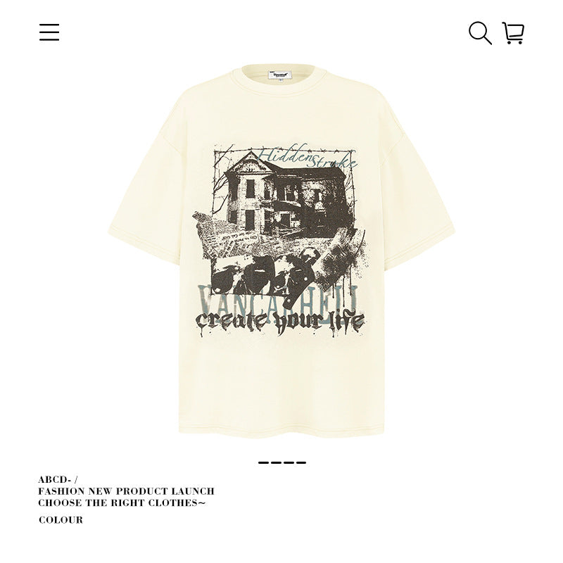 American vintage street T-shirt graffiti print men and women summer loose pure cotton