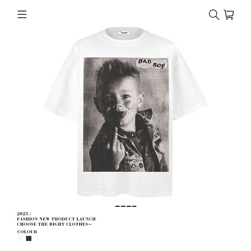 American vintage street T-shirt loose pure cotton men's summer