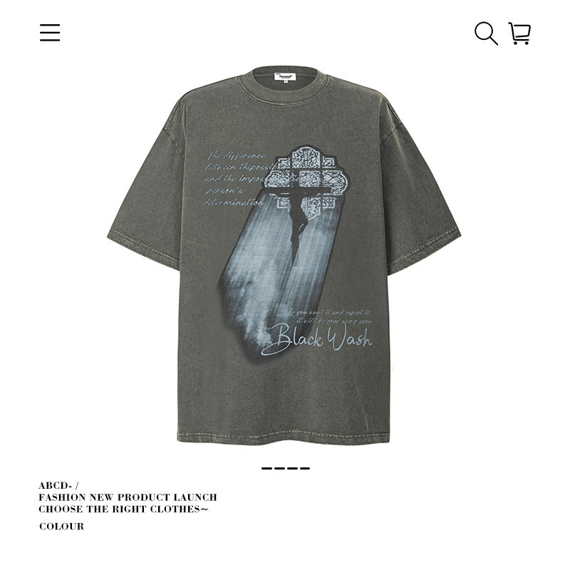 American vintage street T-shirt pure cotton retro men's and women's summer loose half sleeves