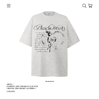 American vintage street T-shirt cotton lamb print men's and women's summer loose half-sleeves