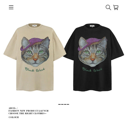 American vintage street T-shirt pure cotton retro men's and women's summer loose