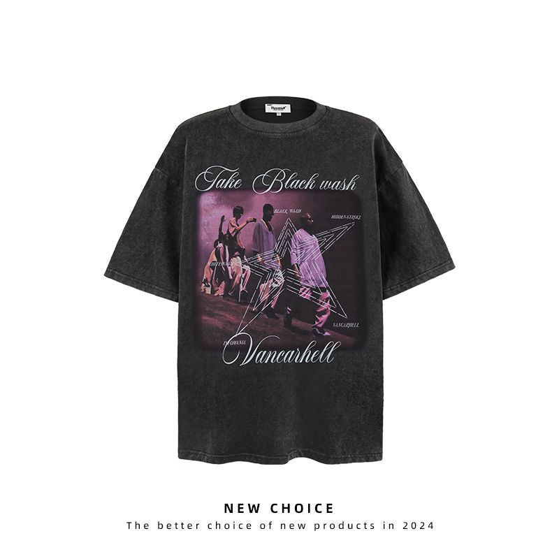 American vintage street T-shirt retro character print men's loose top